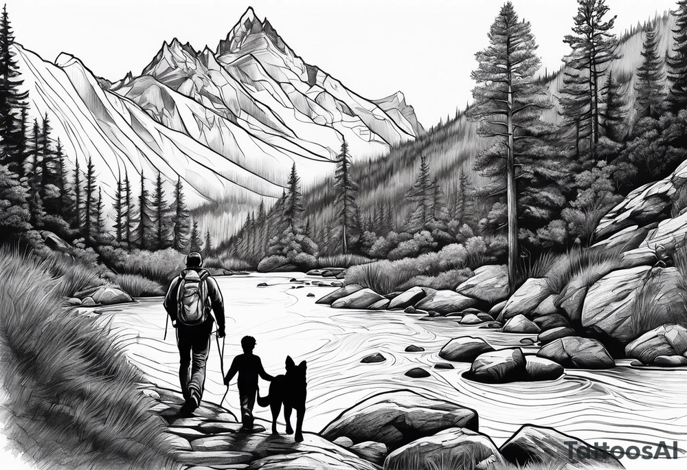 father son hiking with their dog and cat in the mountains, nature, waterfall, rive tattoo idea