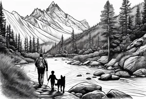 father son hiking with their dog and cat in the mountains, nature, waterfall, rive tattoo idea