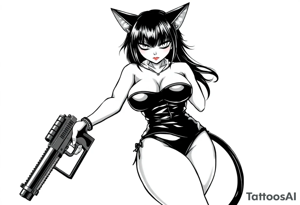 naked catgirl, slut, anime, holding gun, black, leather bikini, angry tattoo idea