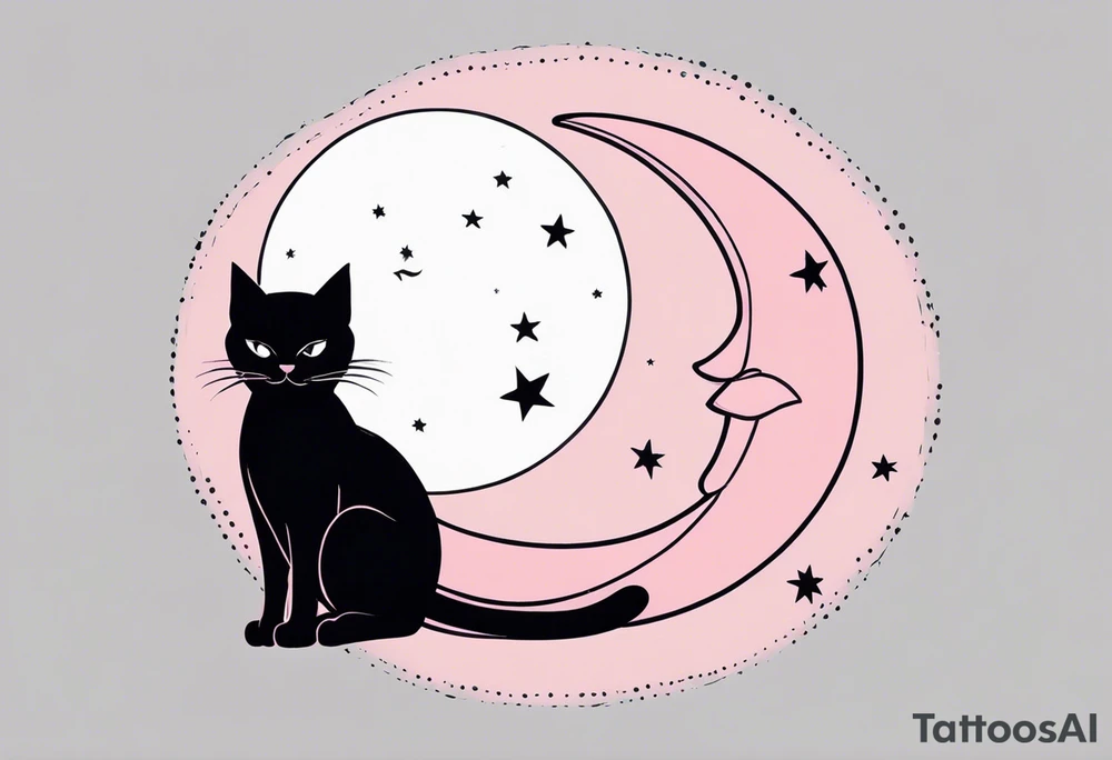 1.	Gothic Black Cat with Pink Bows – A sleek, black cat sitting on a crescent moon, with wide, eerie eyes and a small pink bow tied around its neck or tail, set against a starry night sky. tattoo idea