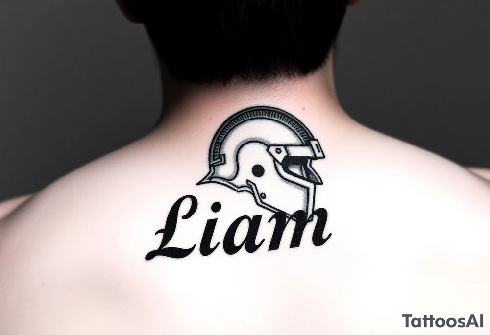 The name Liam inside a warriors helmet tattoo idea