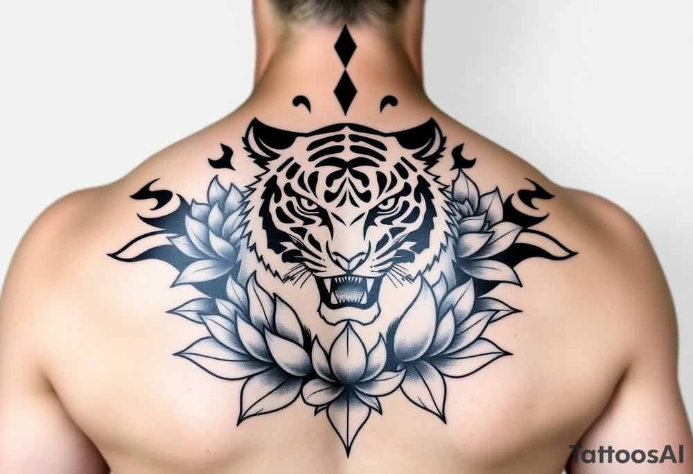 fierce tiger emerging through blooming lotus flowers in mist tattoo idea