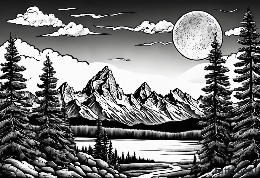 Half sleeve of Teton mountain range, moon In the sky and a few trees tattoo idea