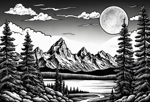 Half sleeve of Teton mountain range, moon In the sky and a few trees tattoo idea
