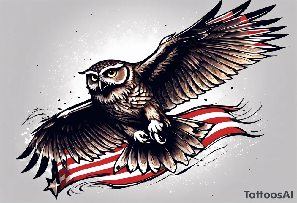 angry owl swooping down with talons holding an american flag tattoo idea