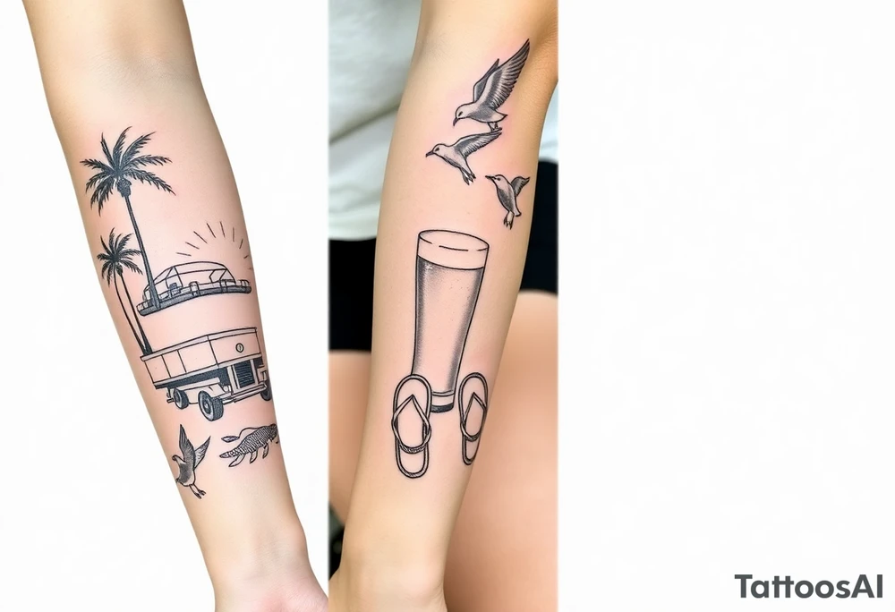 full arm sleeve with individual tattoos that include palm trees, boats, golf cart, seagulls, sea life, a beer, flips flops tattoo idea