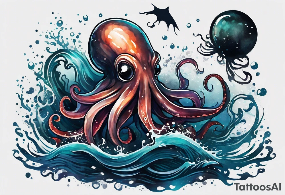 A visual representation of the horror squid concept, showing the squid becoming invisible in ink, its body turning black to blend in with its deep sea environment. The overall environment is dark, creating an eerie underwater atmosphere. tattoo idea