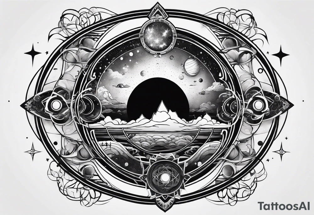 universe full of atoms and spiritual symbols tattoo idea
