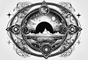 universe full of atoms and spiritual symbols tattoo idea