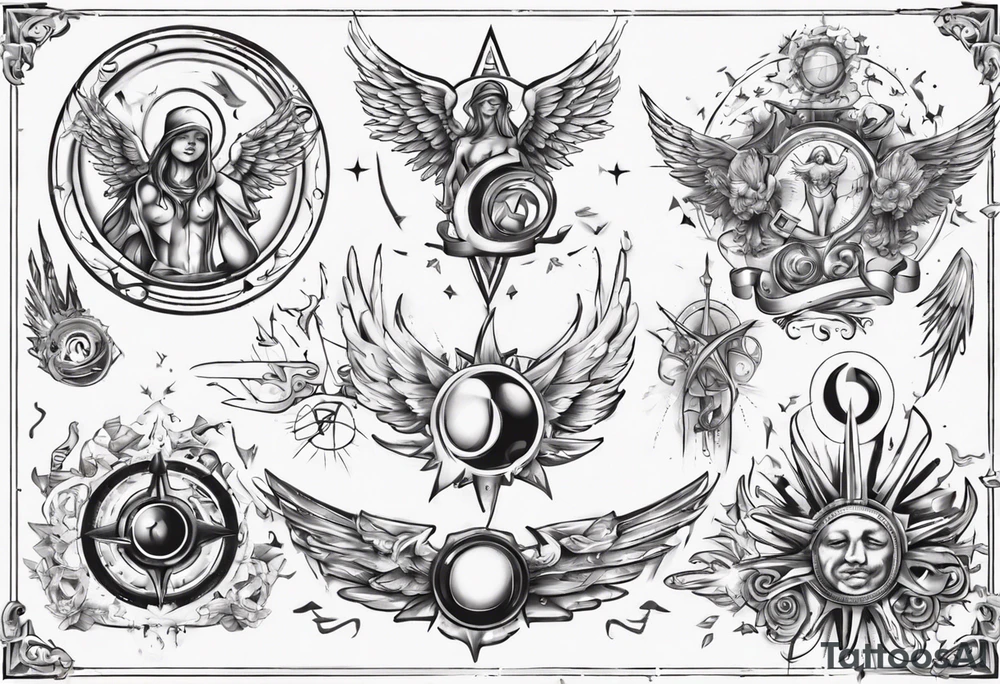 abstraction with sun and letters and angels tattoo idea