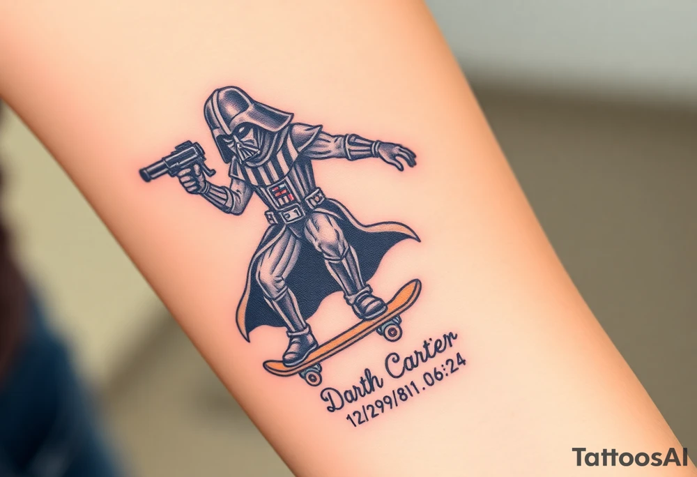 Darth Vader skateboarding with gun> bullets > memorial > god > colors > futuristic/space/star wars
add name "Darth Carter" on skateboard
add date 12/29/88-01/06/24 tattoo idea