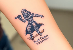 Darth Vader skateboarding with gun> bullets > memorial > god > colors > futuristic/space/star wars
add name "Darth Carter" on skateboard
add date 12/29/88-01/06/24 tattoo idea