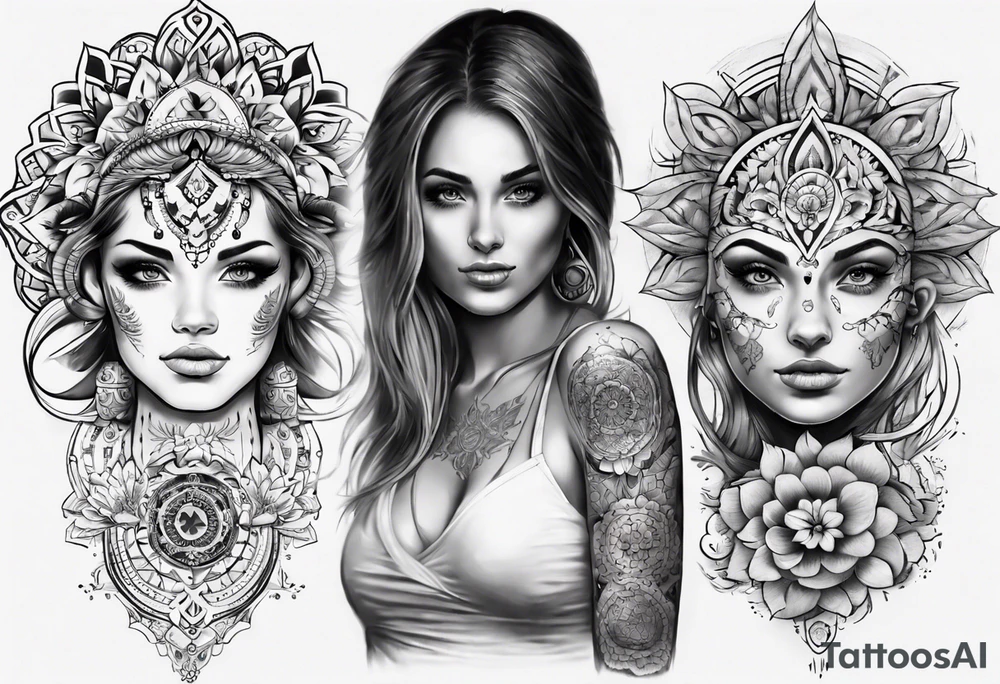 tattoo on both arms going to the chest. mixing mandalas with beautiful girls tattoo idea