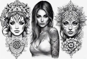 tattoo on both arms going to the chest. mixing mandalas with beautiful girls tattoo idea