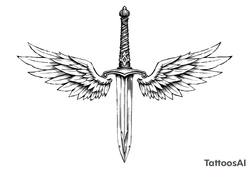 A sword with wings on the handle and a crown over the sword tattoo idea
