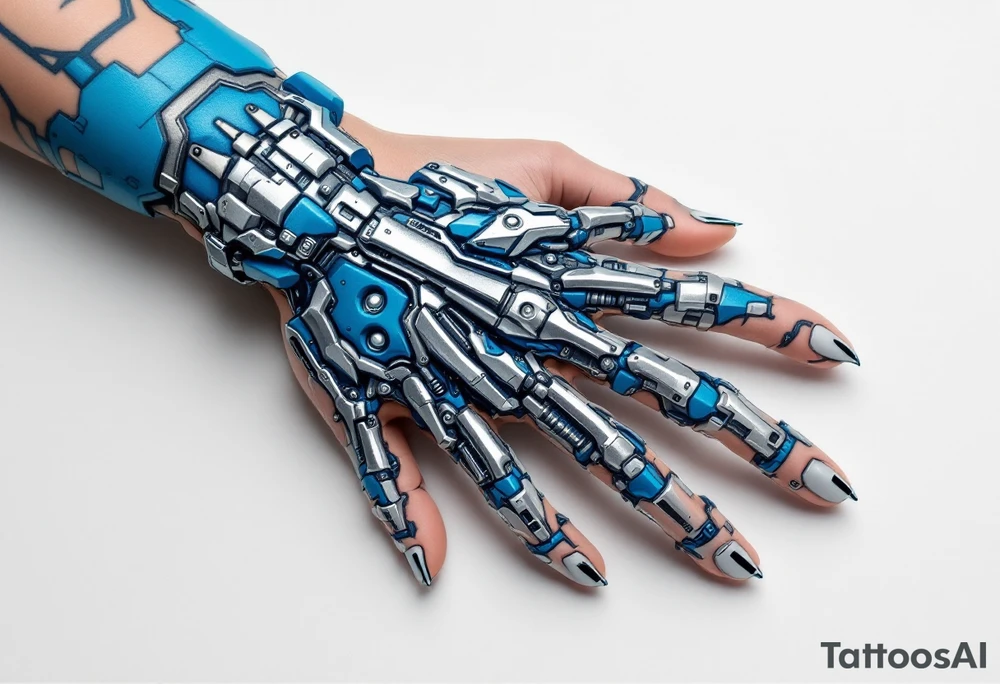A blue and silver exoskeletal structure integrated with the hand’s contours, mimicking robotic dexterity. tattoo idea