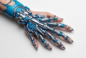 A blue and silver exoskeletal structure integrated with the hand’s contours, mimicking robotic dexterity. tattoo idea