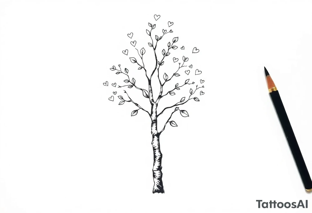 birch tree with leaves and hearts around it tattoo idea