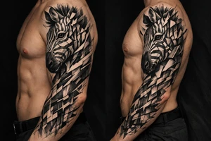 Fragmented hyperrealistic zebra head, geometric lines onto shoulder, chest. tattoo idea