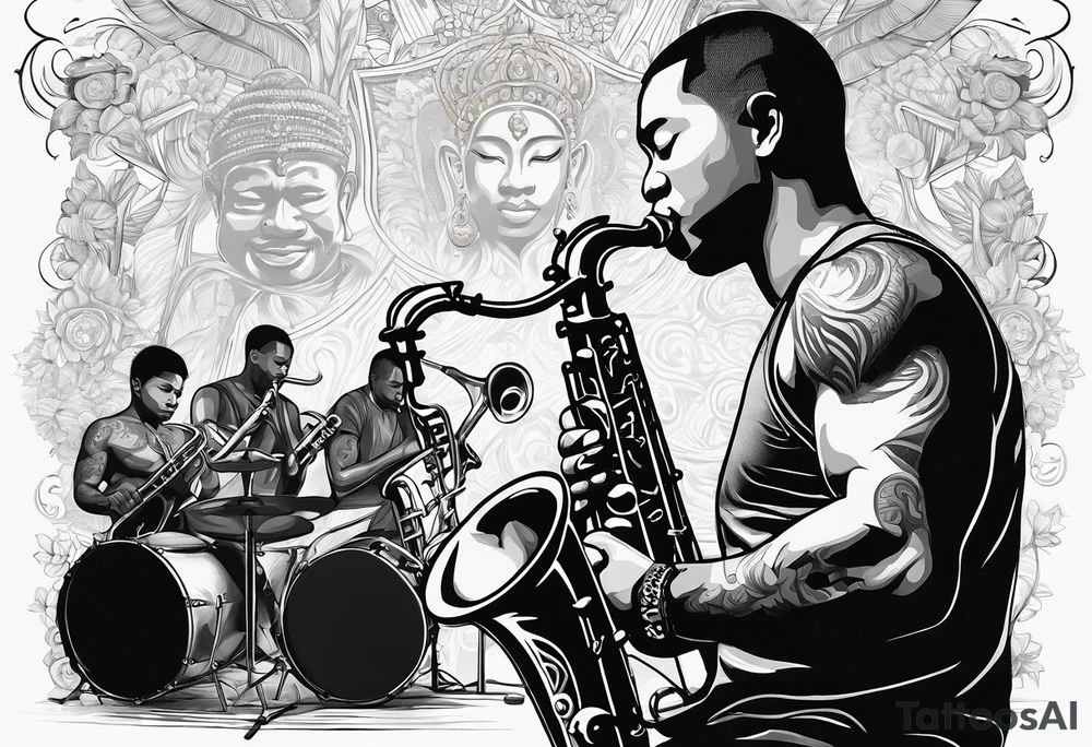 Muay Thai boxer with strong body is playing jazz on a Selmer tenor saxophone in a jazz club front of a jazz trio band. The notes are coming out from the saxophone and turning into buddhist symbols. tattoo idea