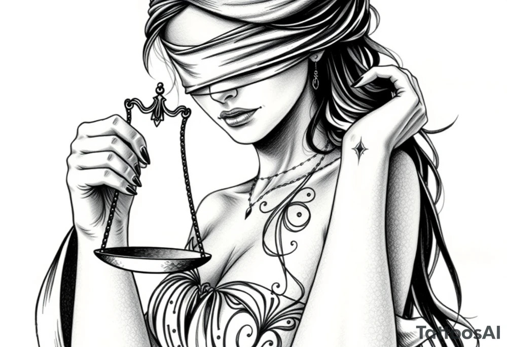Fortuna's card as a beautiful woman with eyes covered with material, holds a scale in her hands. This character have to be in a card. Do this woman without named tattoo idea