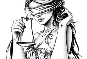 Fortuna's card as a beautiful woman with eyes covered with material, holds a scale in her hands. This character have to be in a card. Do this woman without named tattoo idea