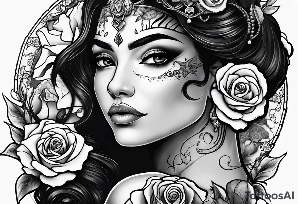 Hispanic/ Latin  woman GODDESS with half skull face, roses, loving heART, strength to move forward cancer zodiac , time heals all tattoo idea