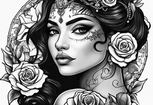 Hispanic/ Latin  woman GODDESS with half skull face, roses, loving heART, strength to move forward cancer zodiac , time heals all tattoo idea