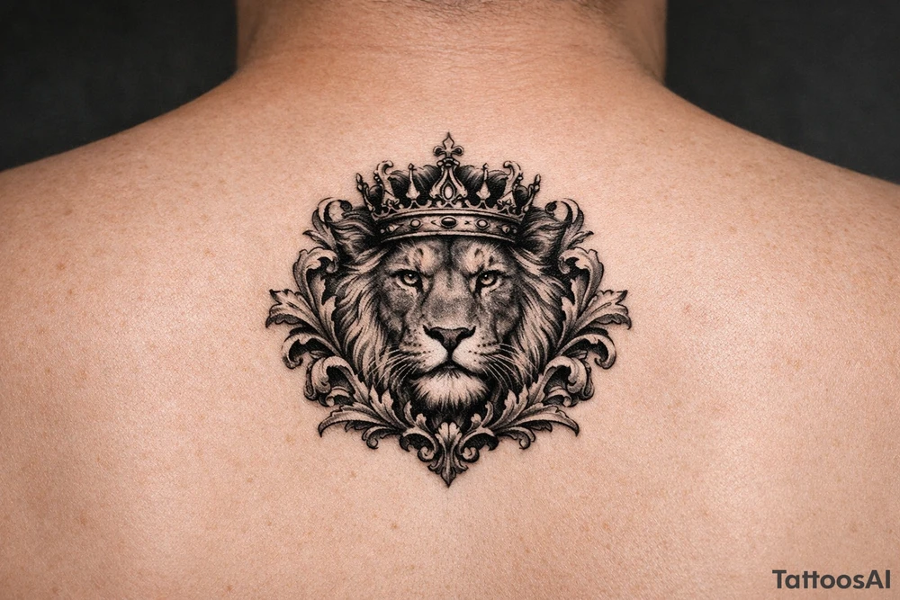 powerful majestic lion with a crown, framed by ornate floral scrollwork tattoo idea