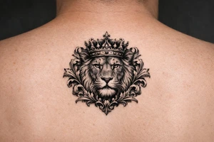 powerful majestic lion with a crown, framed by ornate floral scrollwork tattoo idea