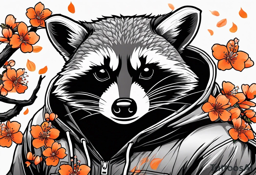 Raccoon wearing a white Superman logo on a black hoodie and orange Japanese cherry blossoms tattoo idea