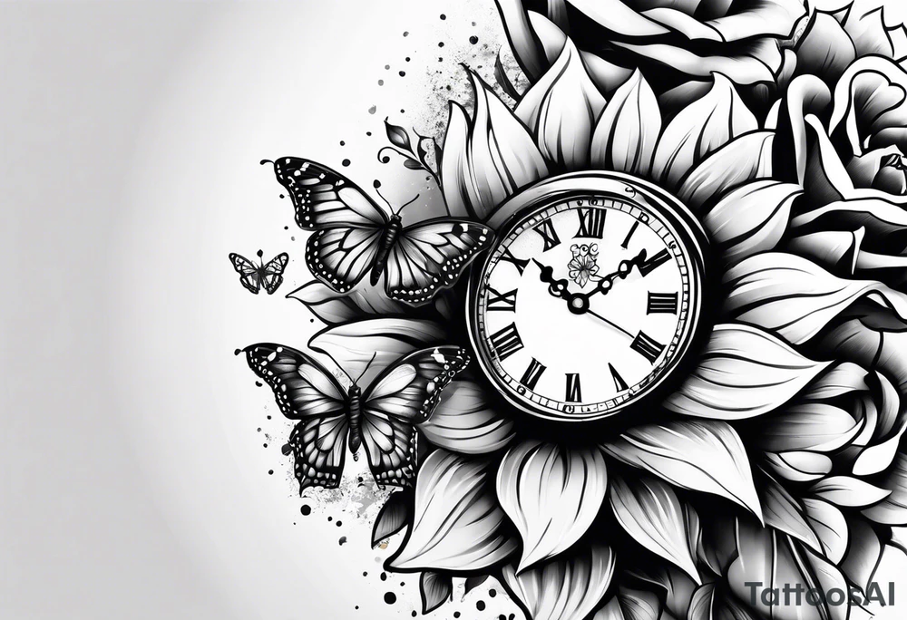 Sleeve with clock, sunflower and butterflies tattoo idea