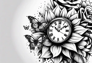 Sleeve with clock, sunflower and butterflies tattoo idea