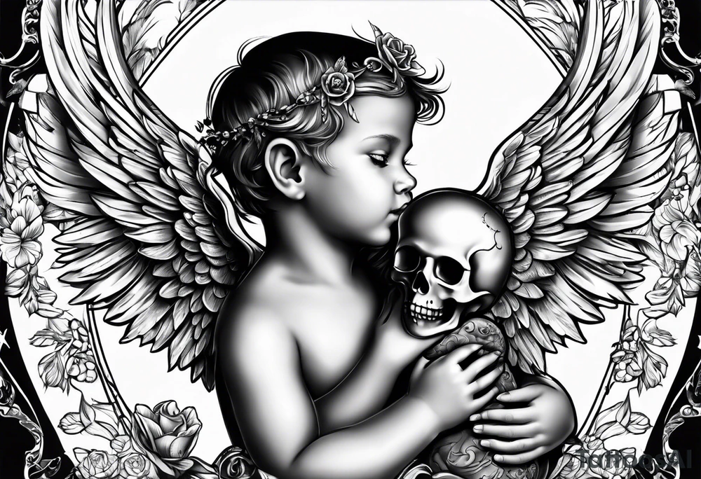 baby angel holding skull tattoo idea