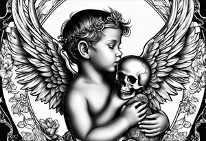baby angel holding skull tattoo idea