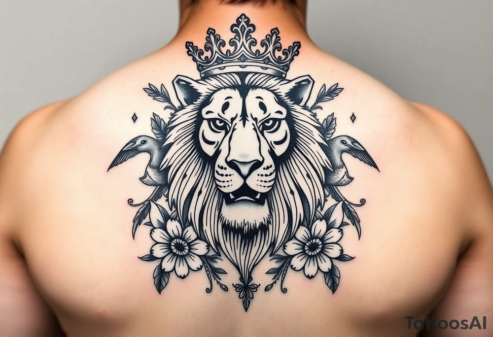 powerful majestic lion with a crown, surrounded by floral ornaments and birds tattoo idea