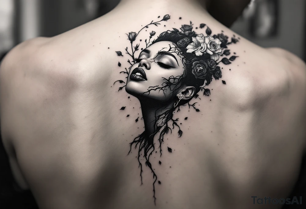 Broken Black woman surrounded by roses that shows the good and evil of humanity tattoo idea