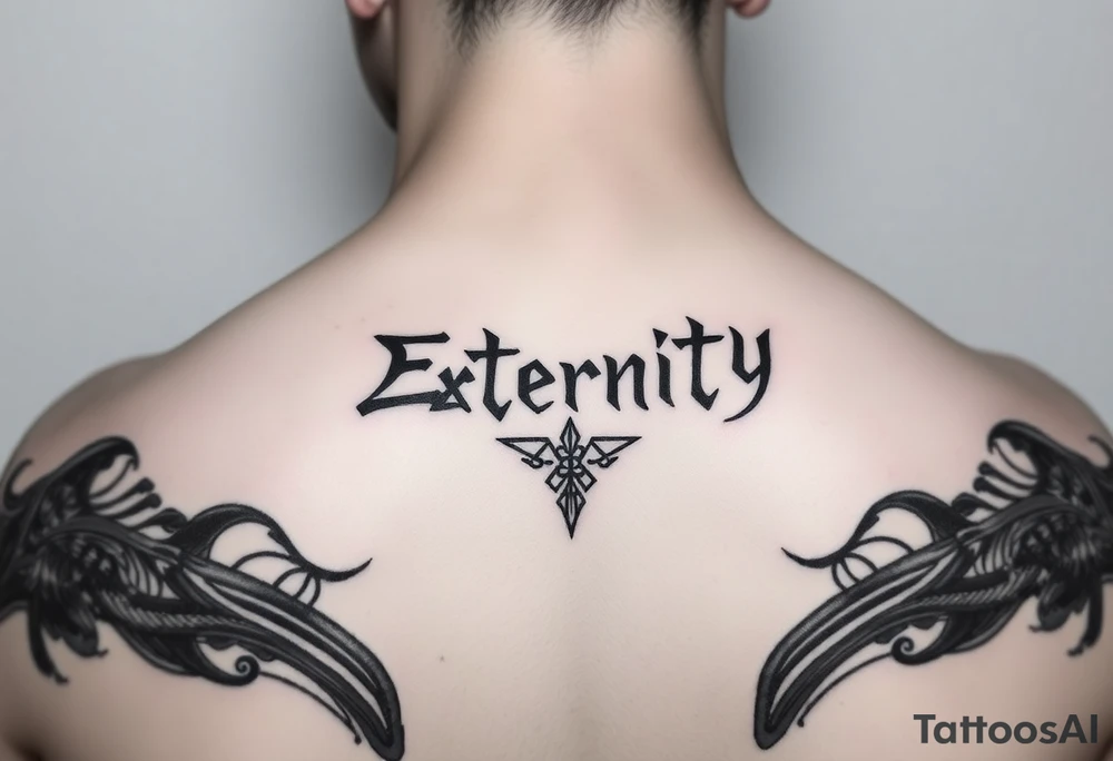 Eternity in
 font Japanese style going down on neck tattoo idea