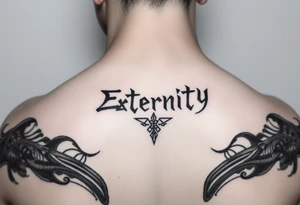 Eternity in
 font Japanese style going down on neck tattoo idea