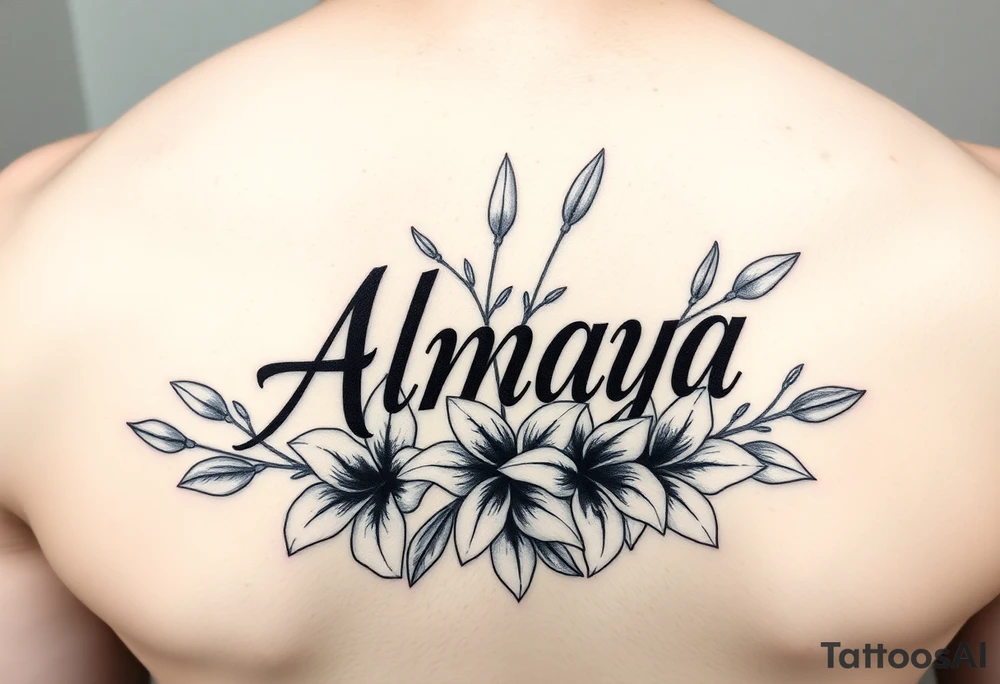 The name Almaya surrounded by Lilies. tattoo idea