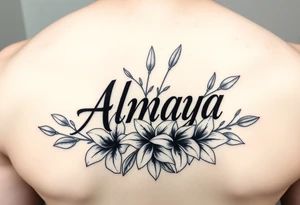 The name Almaya surrounded by Lilies. tattoo idea