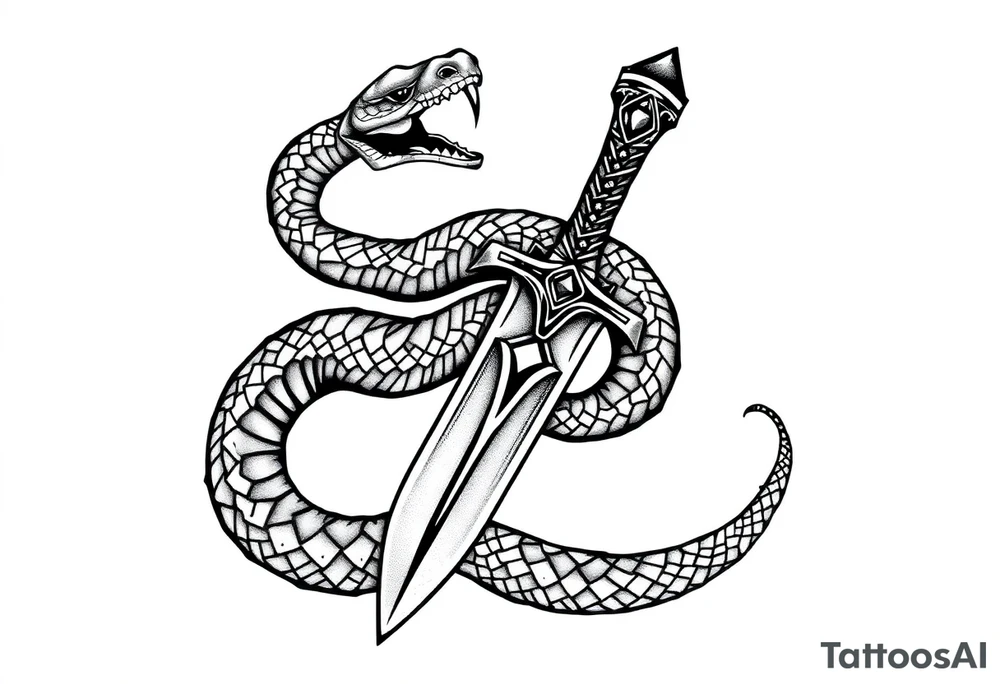 mystical snake coiled around an ancient dagger with jeweled hilt tattoo idea