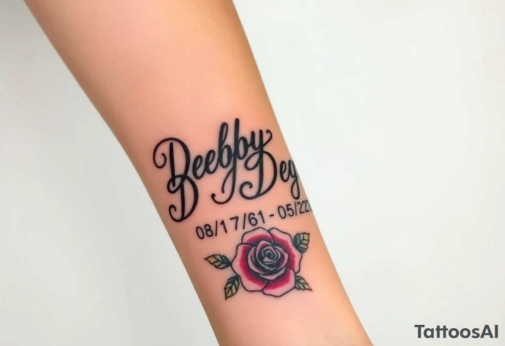 Tattoo of the exact name Debby Deguzman in chunky bold curly cursive with the exact dates of 08/17/61-05/29/25 surrounded by 1 hummingbird and 1 rose tattoo idea