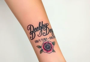 Tattoo of the exact name Debby Deguzman in chunky bold curly cursive with the exact dates of 08/17/61-05/29/25 surrounded by 1 hummingbird and 1 rose tattoo idea