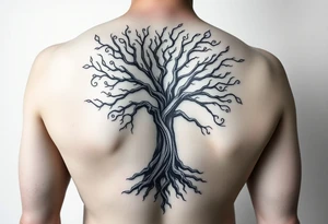 Flowing asymmetrical symbolic tree quarter sleeve. Combination of tree of Gondor and Yggdrasil. tattoo idea