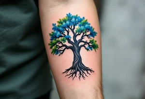 Father and kid share a vibrant blue and green tree of life tattoo representing growth and connection. tattoo idea
