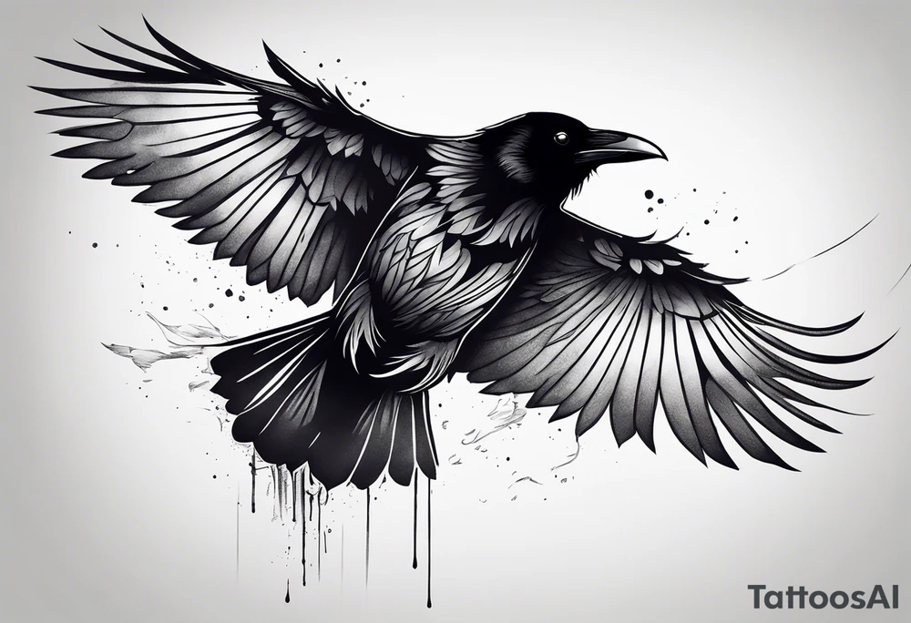 Raven in flight, upsidedown, knowing, light behind its eyes, ethereal tattoo idea