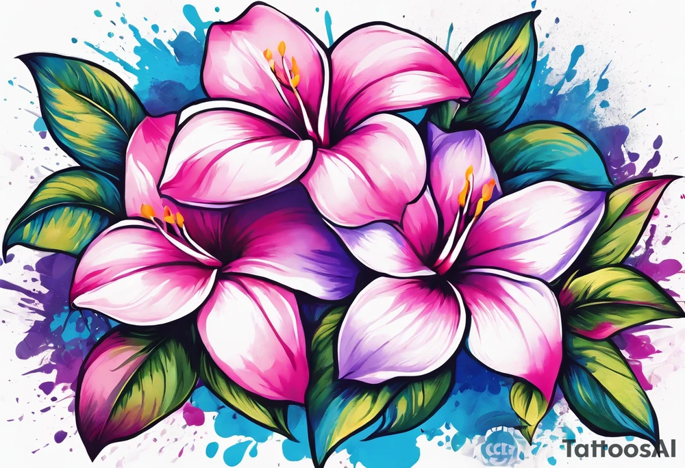 negative space mandevilla flowers over a brushstroke background of blue, pink and purple tattoo idea