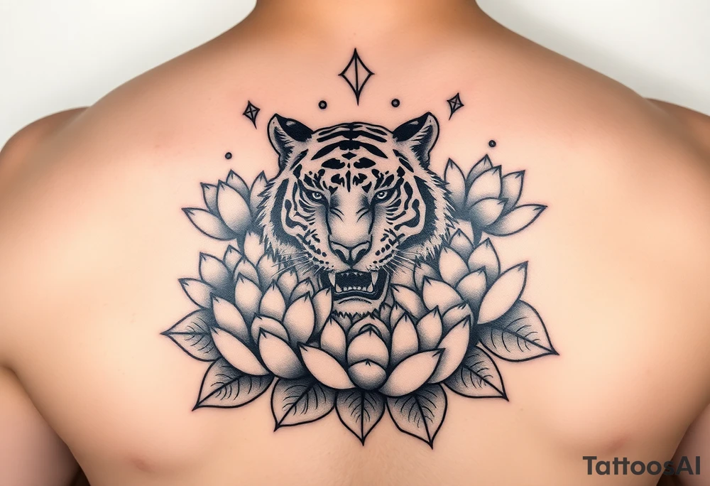 fierce tiger emerging through blooming lotus flowers in mist tattoo idea