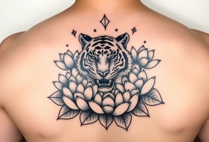 fierce tiger emerging through blooming lotus flowers in mist tattoo idea